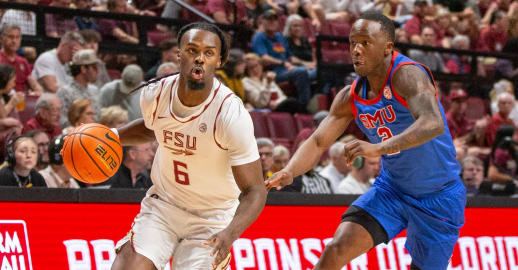 Florida State Seminoles guard Robert McCray V. (6) drives the ball to the hoop Saturday against SMU. (Alicia Devine/Tallahassee Democrat / USA TODAY NETWORK via Imagn Images)