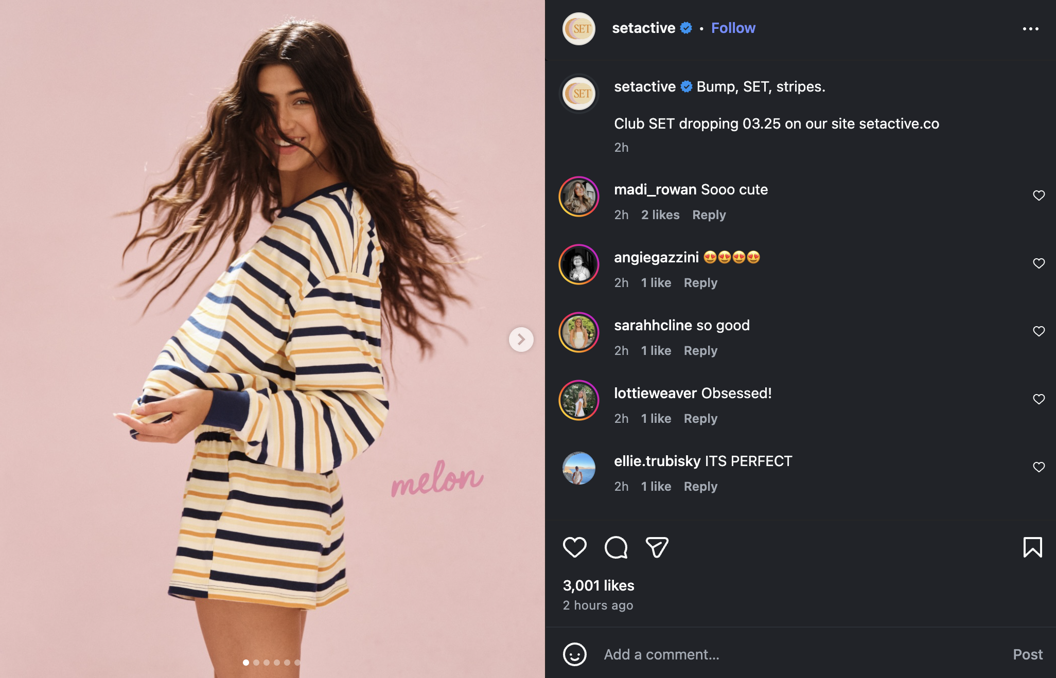 screenshot of an Instagram post showing a long-haired woman wearing a striped shorts and long-sleeve set. Comments on the right express excitement for the clothing