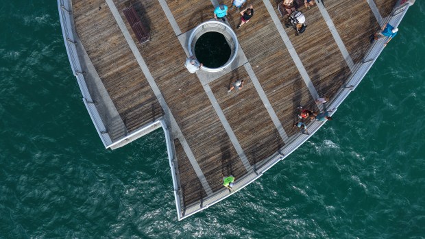 An aerial view shows the Fisher Family Pier, which is shaped like a fish, in Pompano Beach on March 5, 2026. (Joe Cavaretta/South Florida Sun Sentinel)