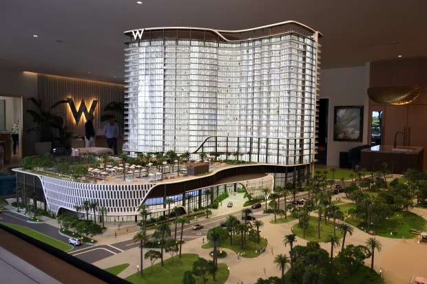 Inside the W Pompano sales gallery on March 5 stands a three-dimensional model showing what's to come: A sleek high-end condo tower expected to break ground this fall. (Joe Cavaretta/South Florida Sun Sentinel)