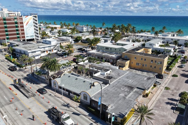 An aerial view shows the corner of North Ocean Drive and Oklahoma Street looking northeast in Hollywood on Jan. 9, 2026. A Live Local developer is suing Hollywood after the city blocked plans to build a 17-story tower on the site. (Amy Beth Bennett/South Florida Sun Sentinel)