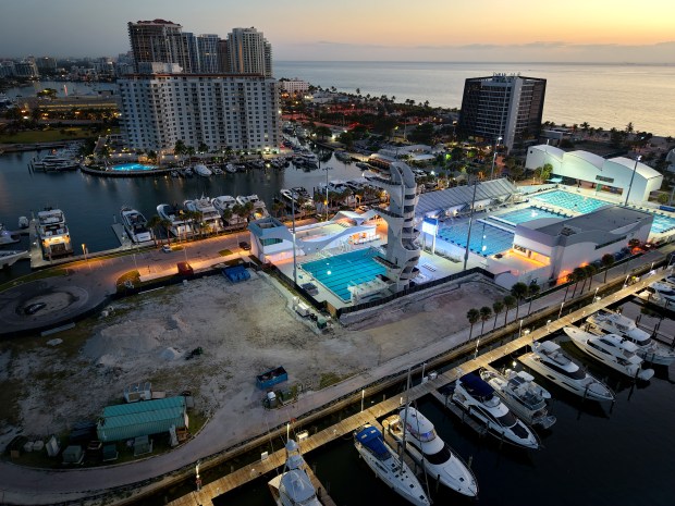 The Fort Lauderdale Aquatic Center, shown on Nov. 7, sits on the same city-owned peninsula as the International Swimming Hall of Fame. A developer plans to build two new Hall of Fame towers on the east and west end of the site. (Amy Beth Bennett/South Florida Sun Sentinel)