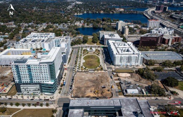This aerial image taken on Feb. 19, 2026 shows the construction site of the Parcel H building south of Luminary Green Park and The Beacon just west of The Julian apartments. (Courtesy of Ustler Group of Companies)