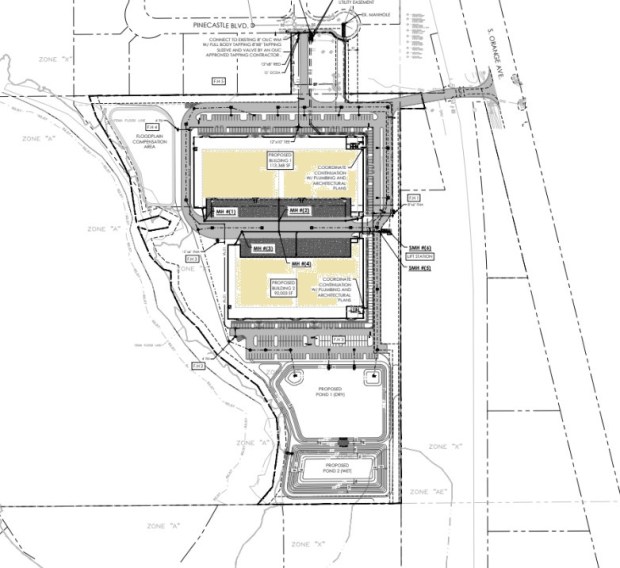 Dalfen Industrial is planning a new industrial park with 205,371 square feet just south of Pinecastle Boulevard. (Site plan by Thomas & Hutton)