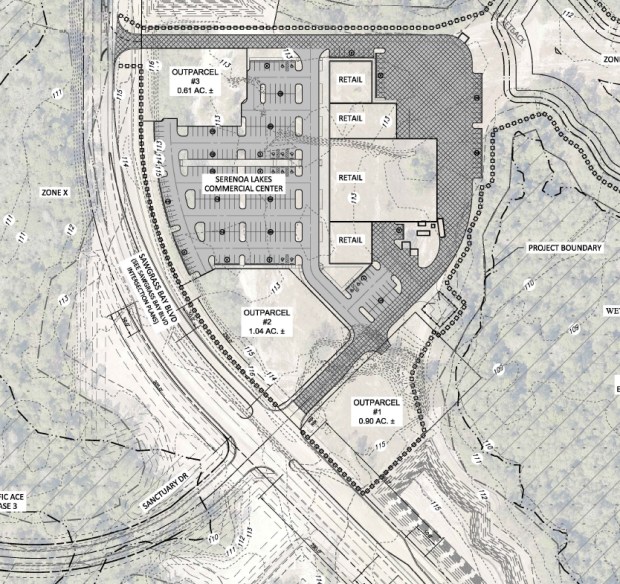 Previous plans for the final phase of the master-planned Serenoa community showed a neighborhood grocery store and shopping center. The town center plans were replaced by plans for a proposed self-storage facility after WMG Development bought a portion of the property for $4 million in March 2025. (Site plan by Heidt Design)