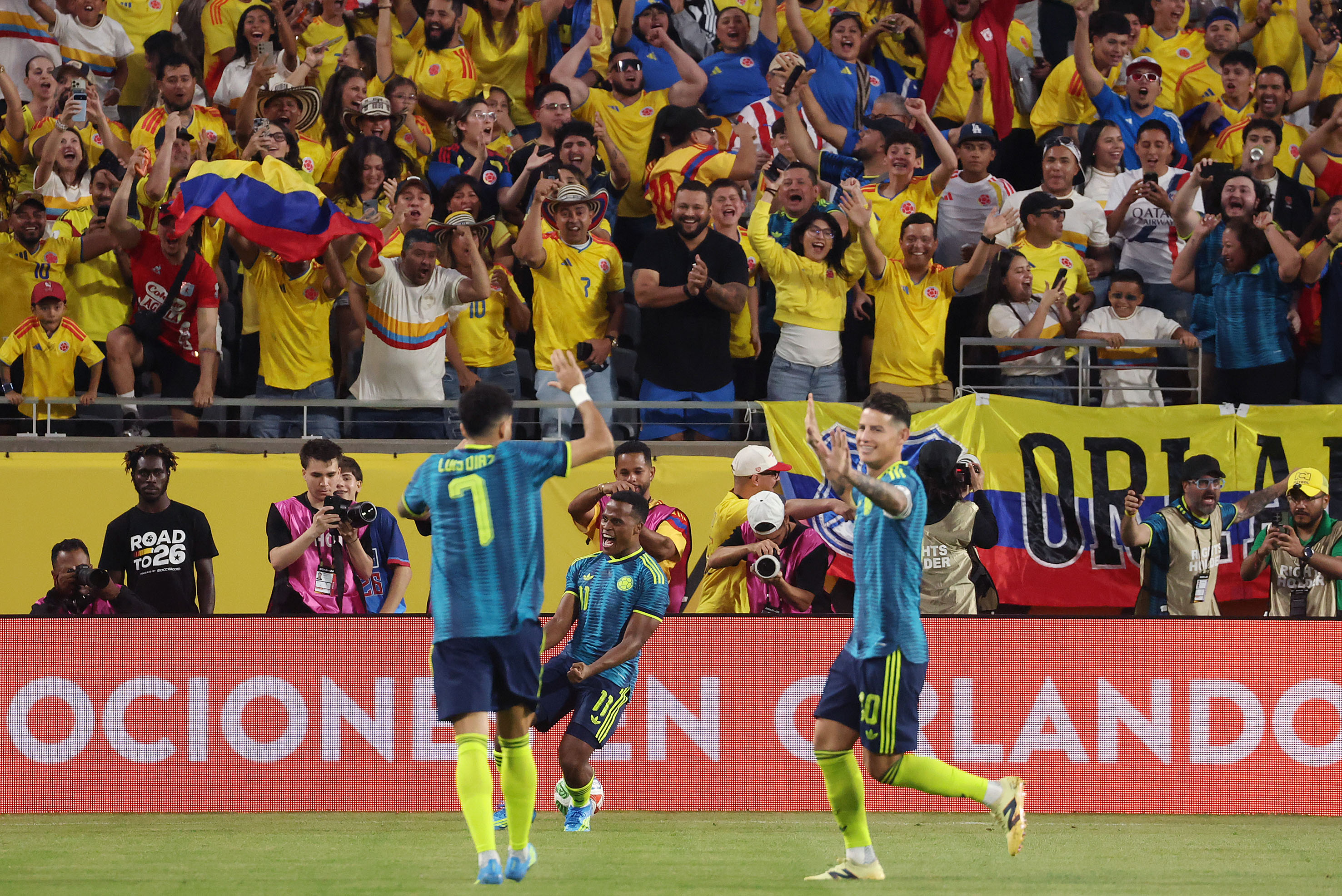 Colombia player Jhon Arias (11) celebrates after scoring a goal...