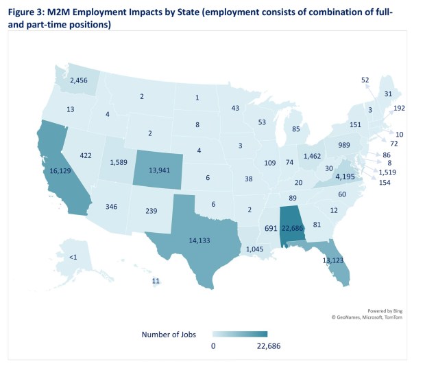 NASA's estimated moon-to-Mars program employment impacts by state as of 2023's fiscal year. (Courtesy/NASA)