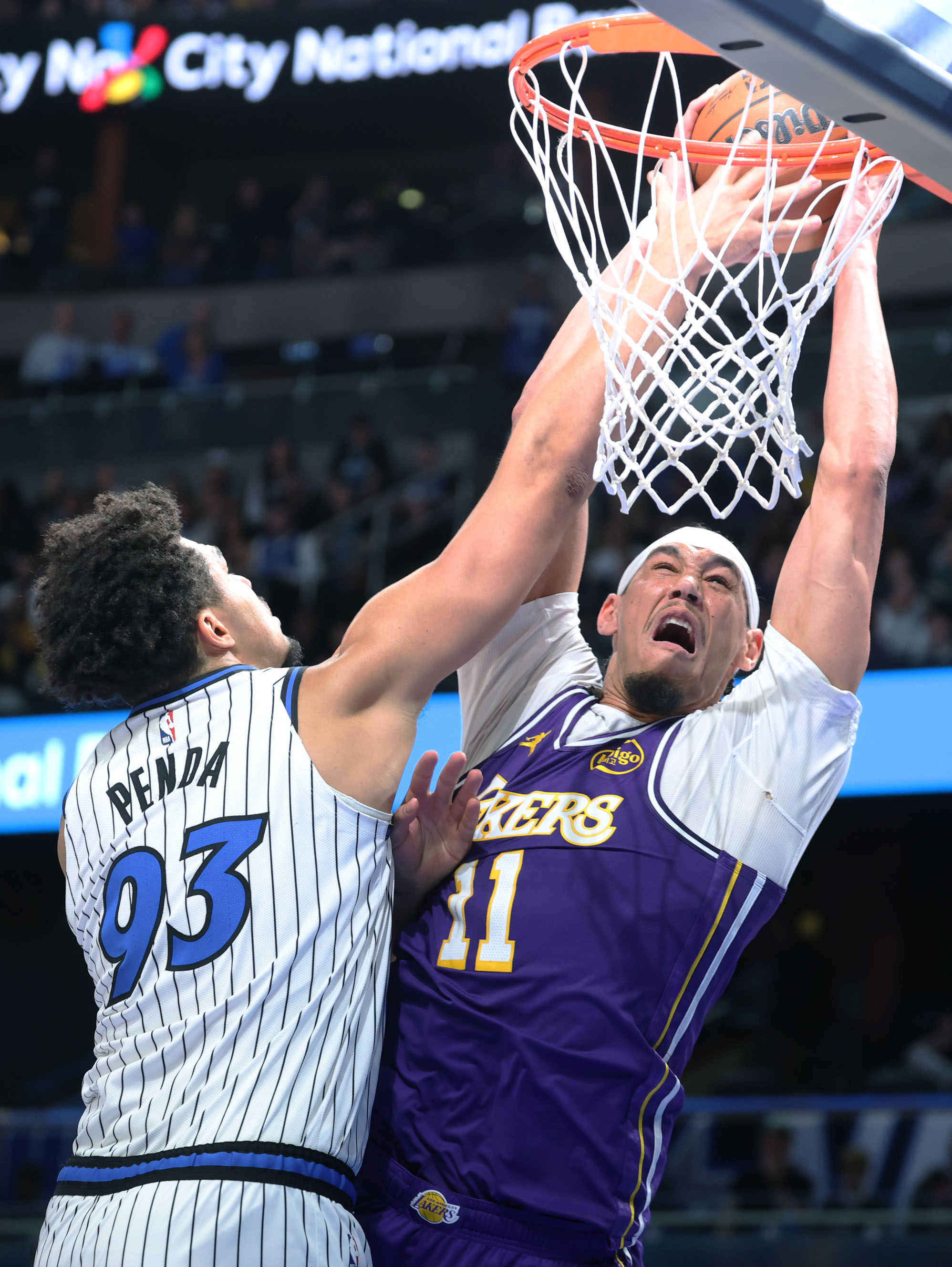Orlando forward Noah Penda (93) blocks a shot by LA...