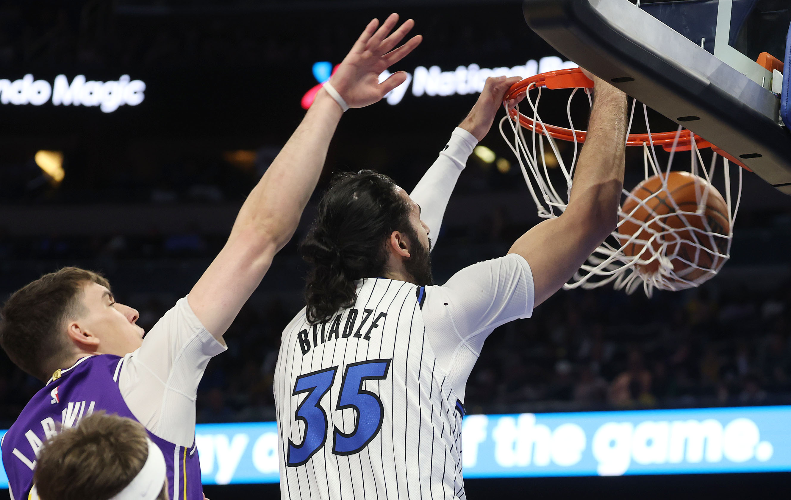 Orlando center Goga Bitadze slam dunks during the Los Angeles...