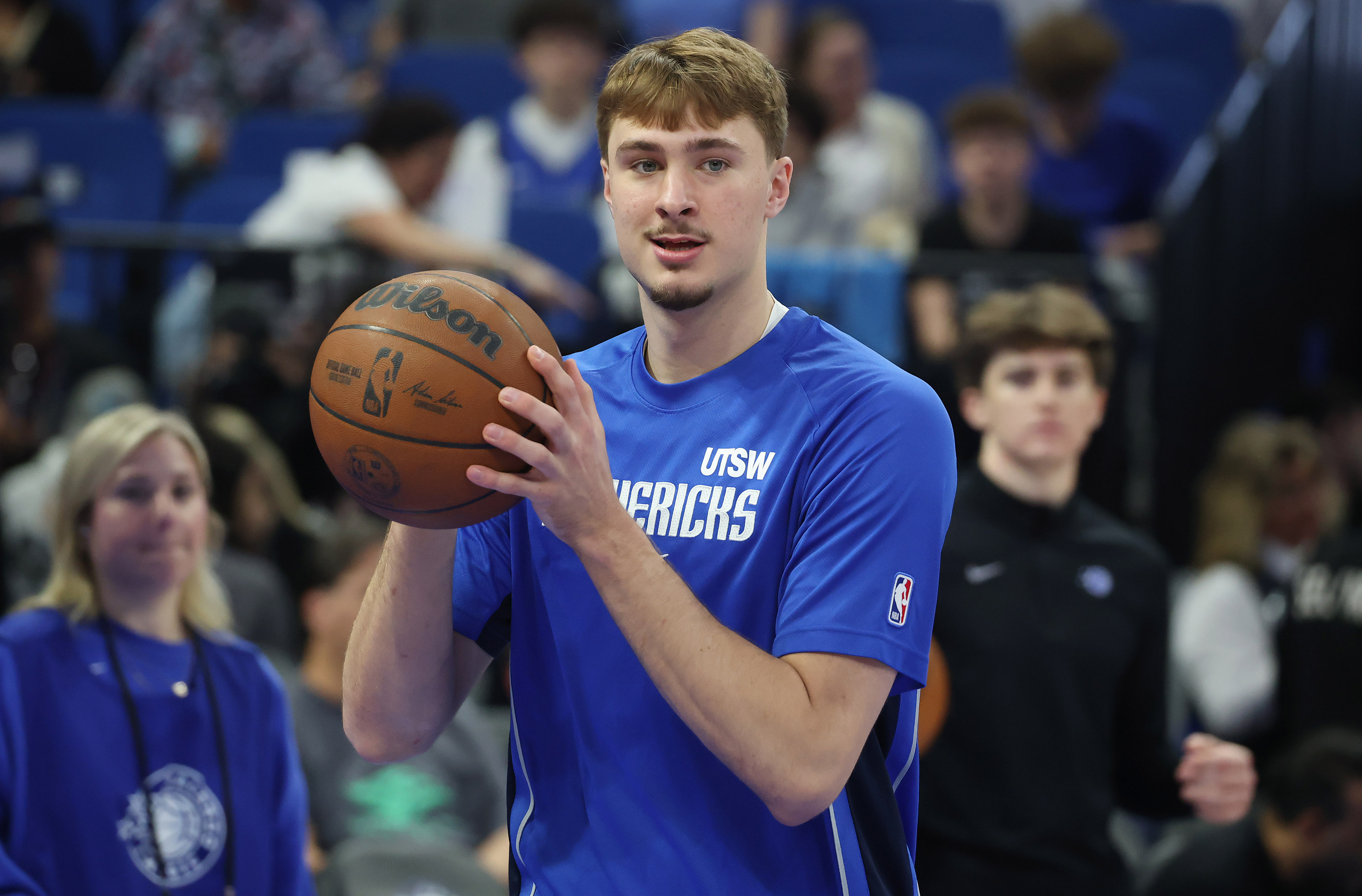Dallas forward Cooper Flagg warms up before the Dallas Mavericks...