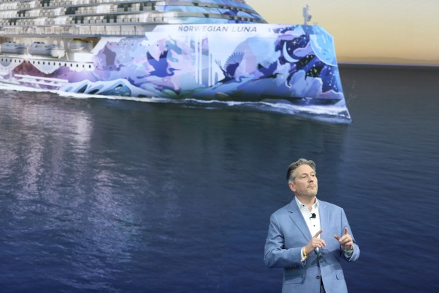 Norwegian Cruise Line President Marc Kazlauskas speaks ahead of the Norwegian Luna christening ceremony at PortMiami on Friday, March 27, 2026. (Richard Tribou/Orlando Sentinel)