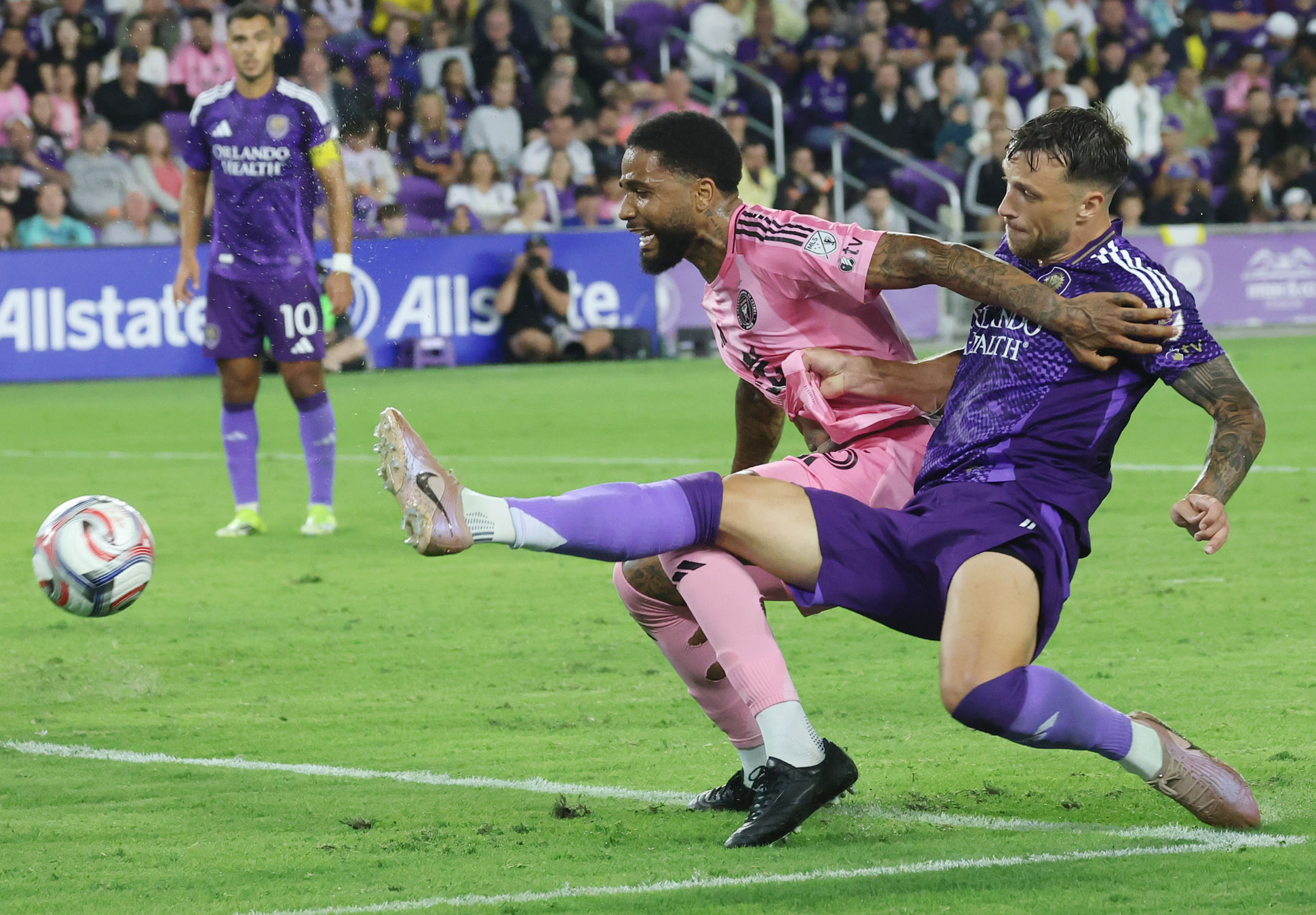 Orlando player David Brekalo (right) nearly scores a goal during...