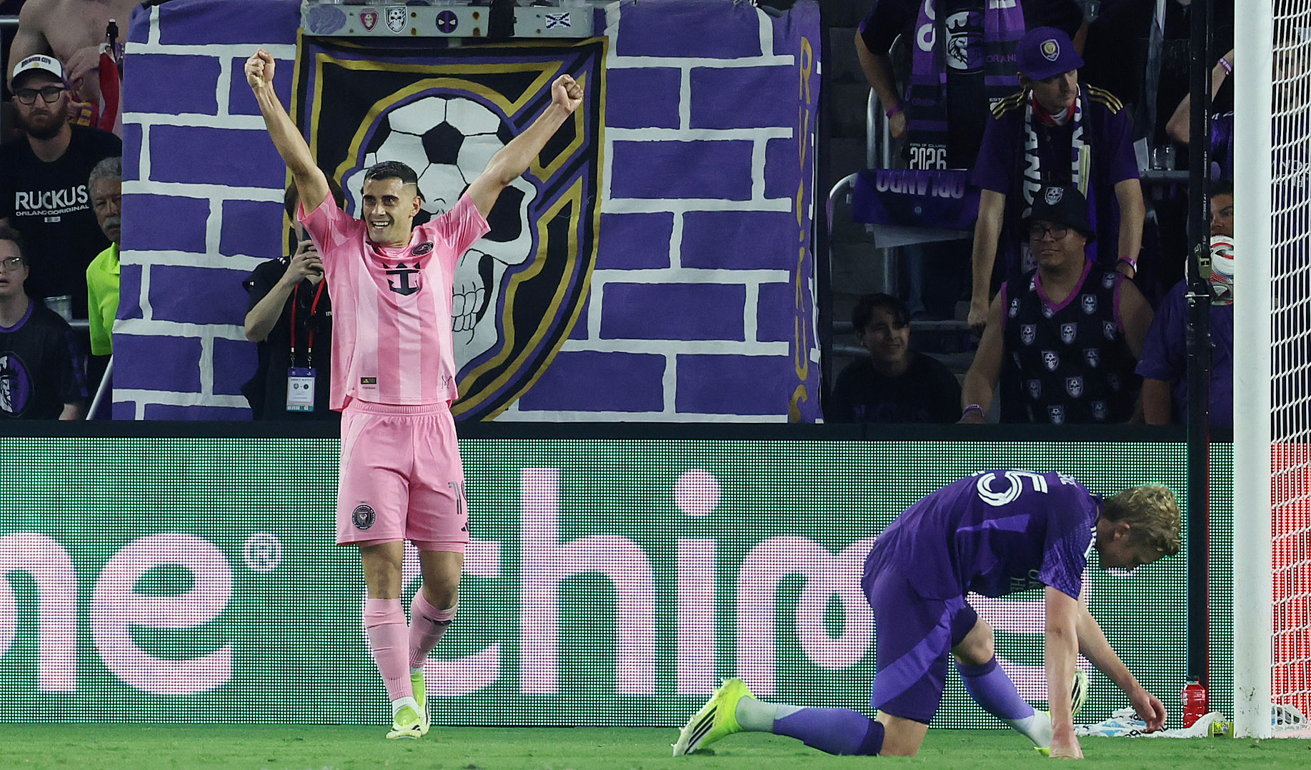 Miami player German Berterame (left) celebrates after a goal during...