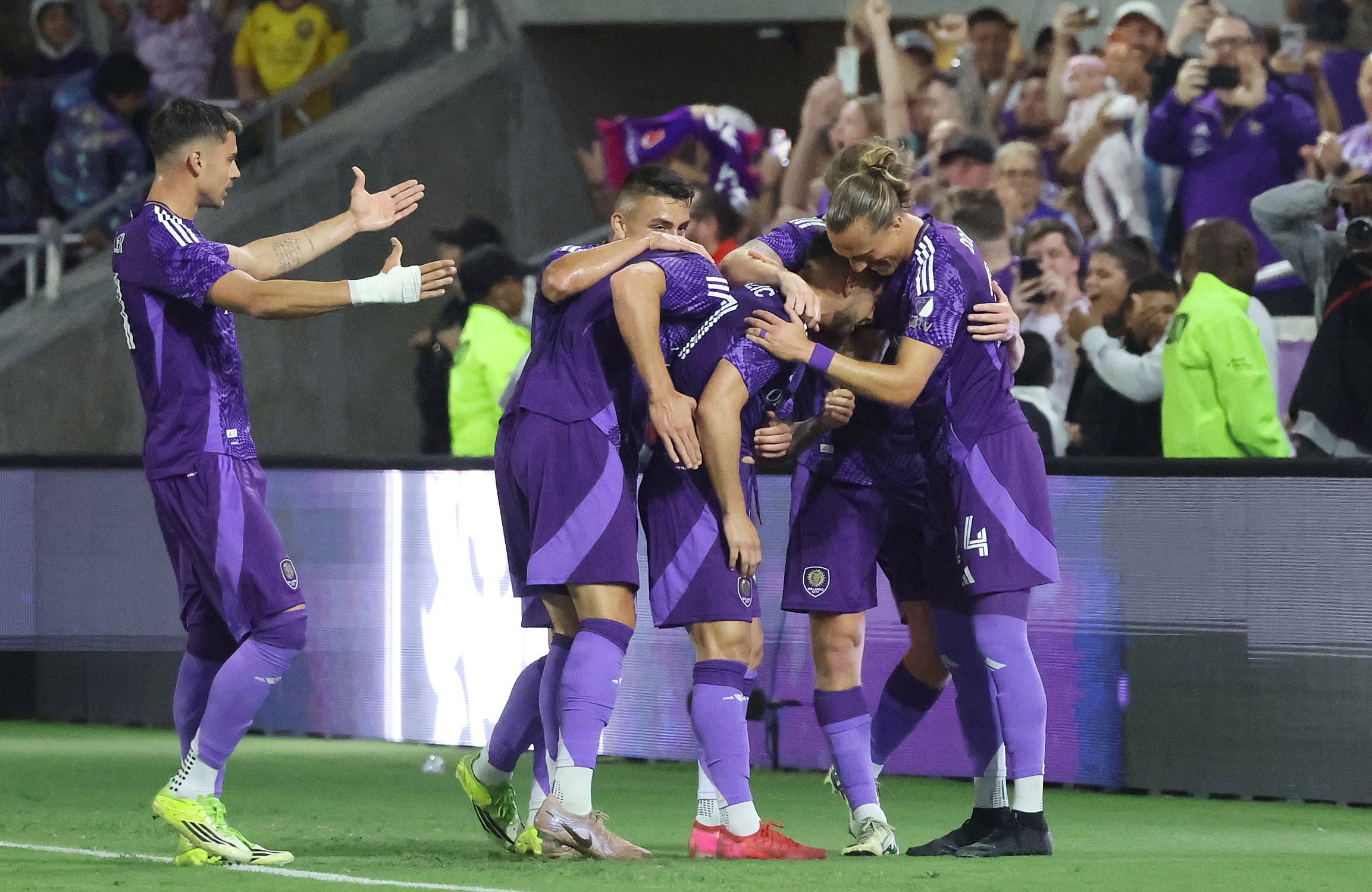Orlando players celebrate after a goal during the Inter Miami...