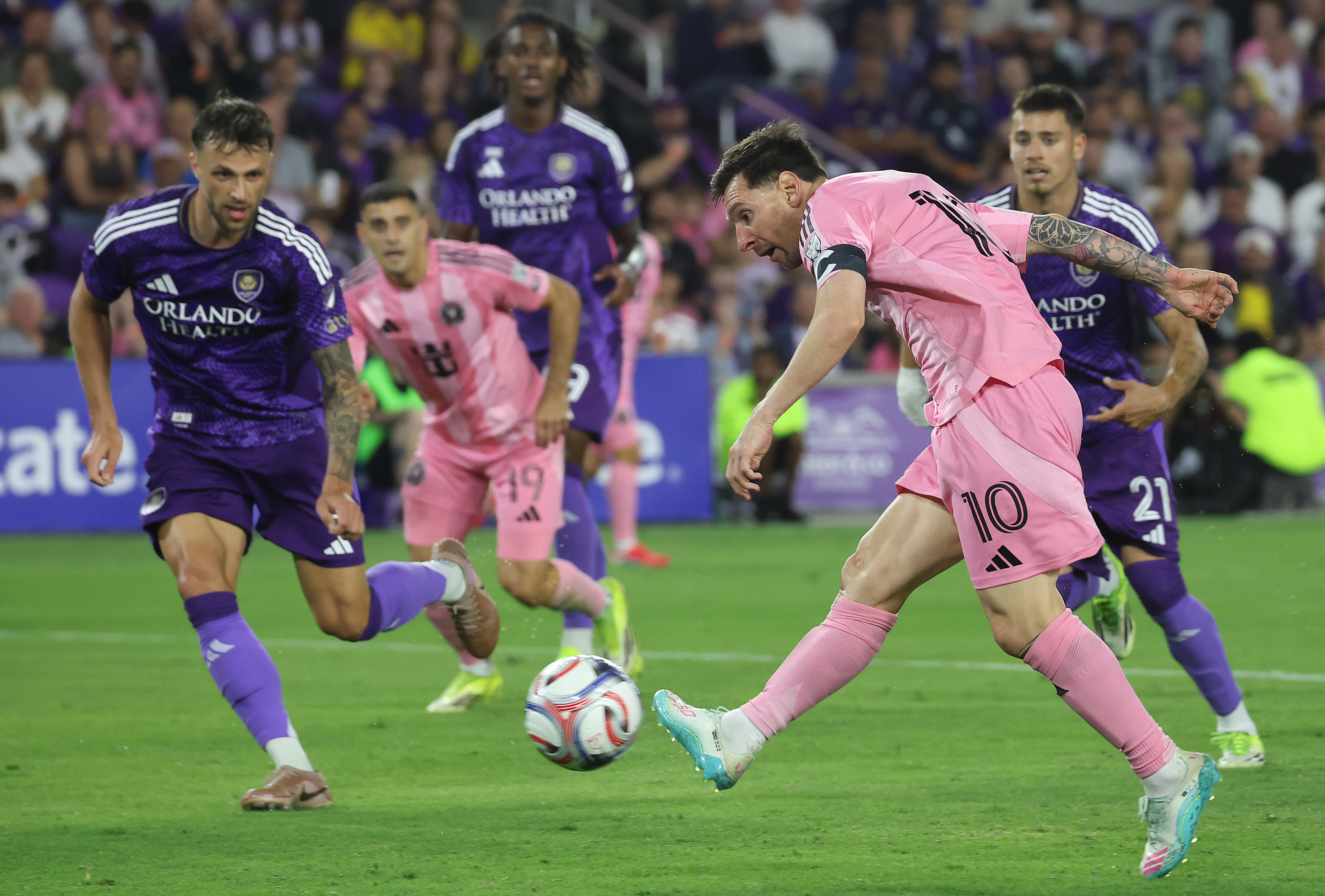 Miami player Lionel Messi kicks at goal during the Inter...