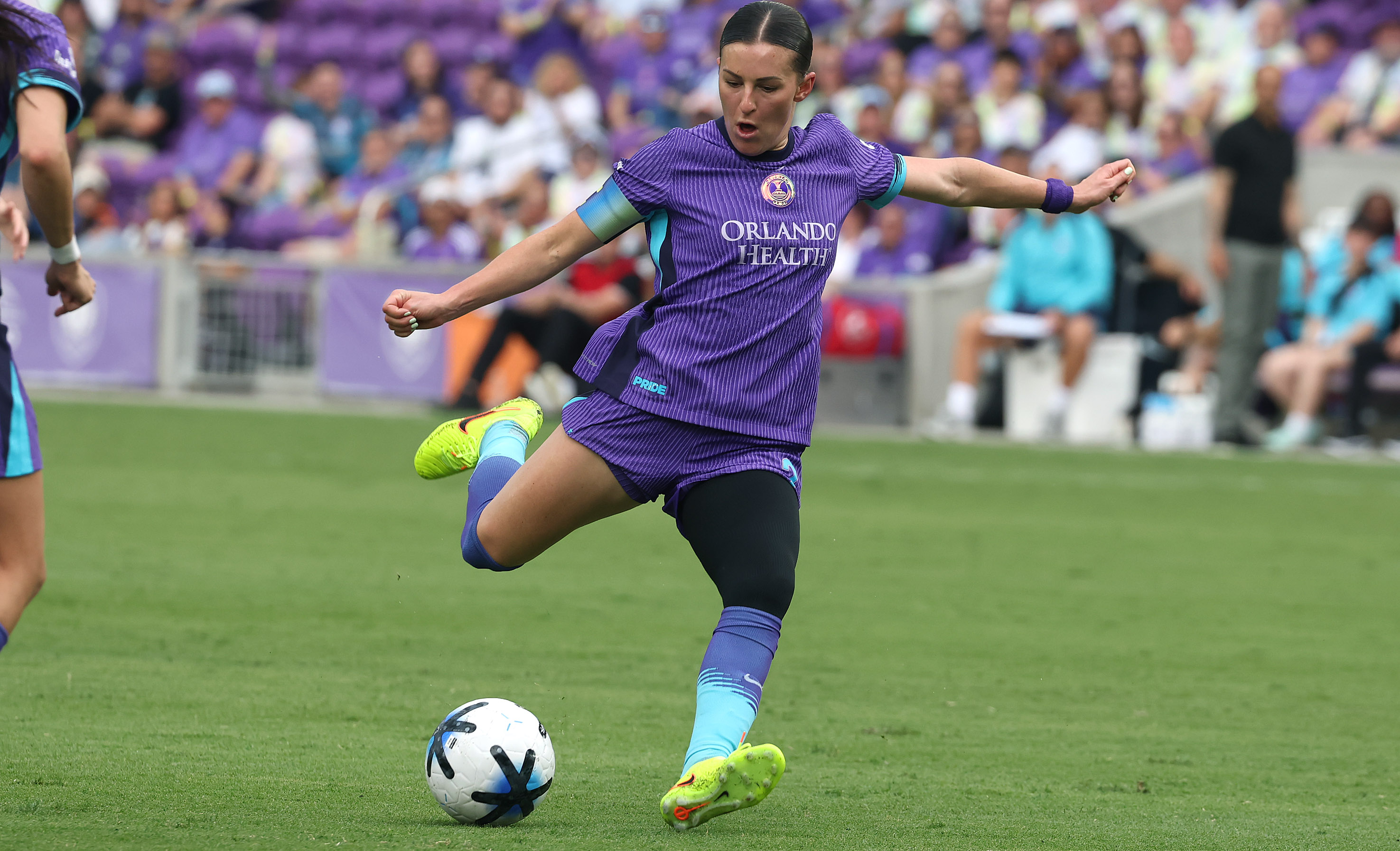 Orlando player Haley McCutcheon kicks during the Seattle Reign at...