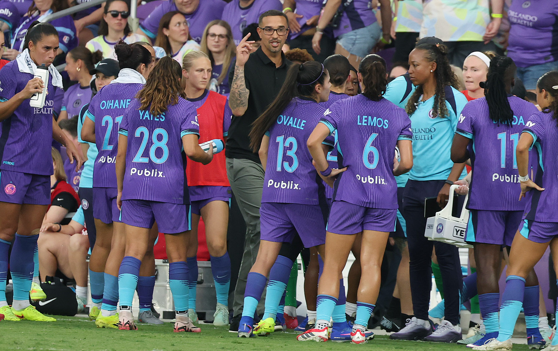 Orlando coach Seb Hines coaches players during the Seattle Reign...