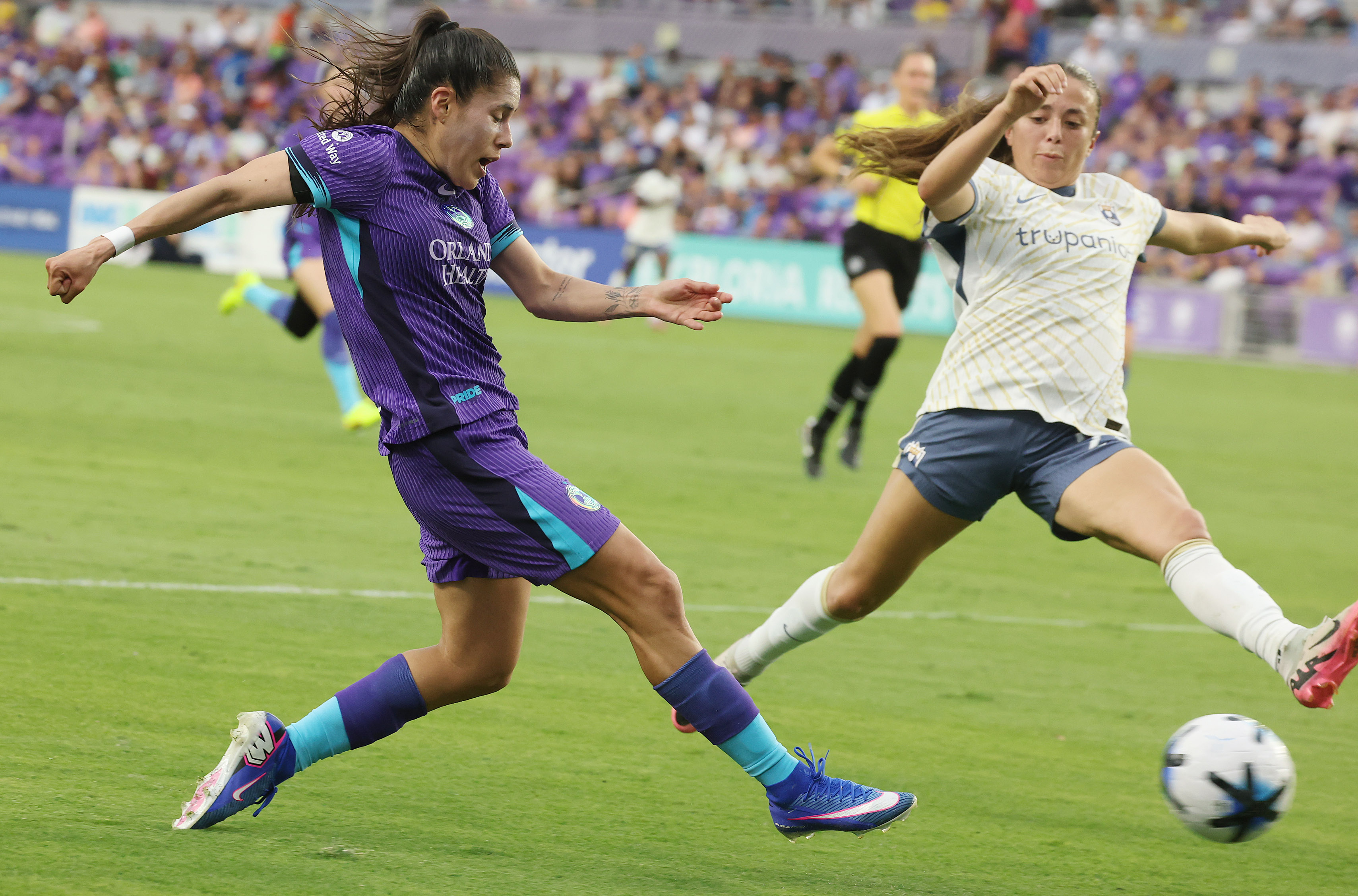Orlando player Jacqueline Ovalle (left) kicks at goal during the...