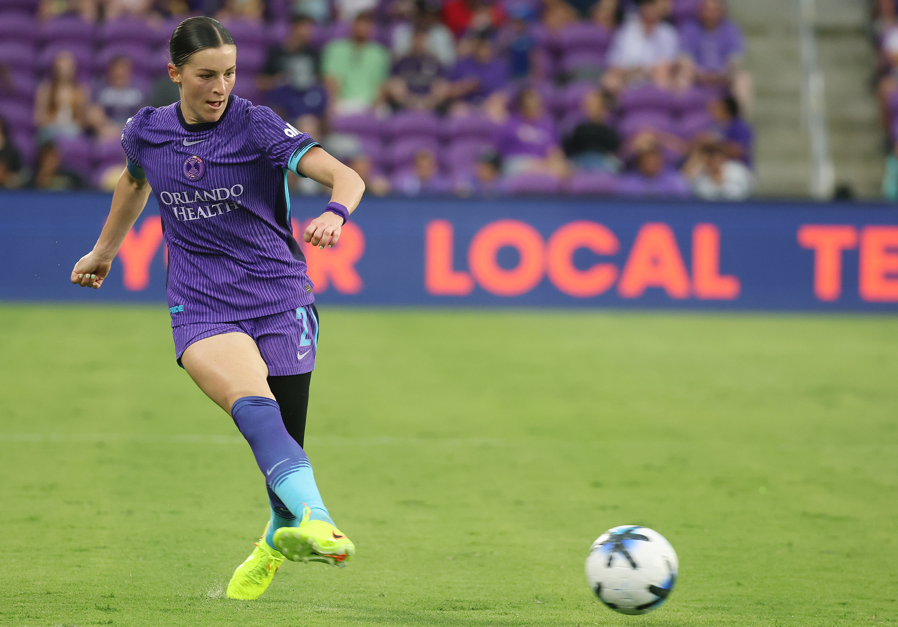 Orlando player Oihane Hernandez kicks at goal during the Seattle...