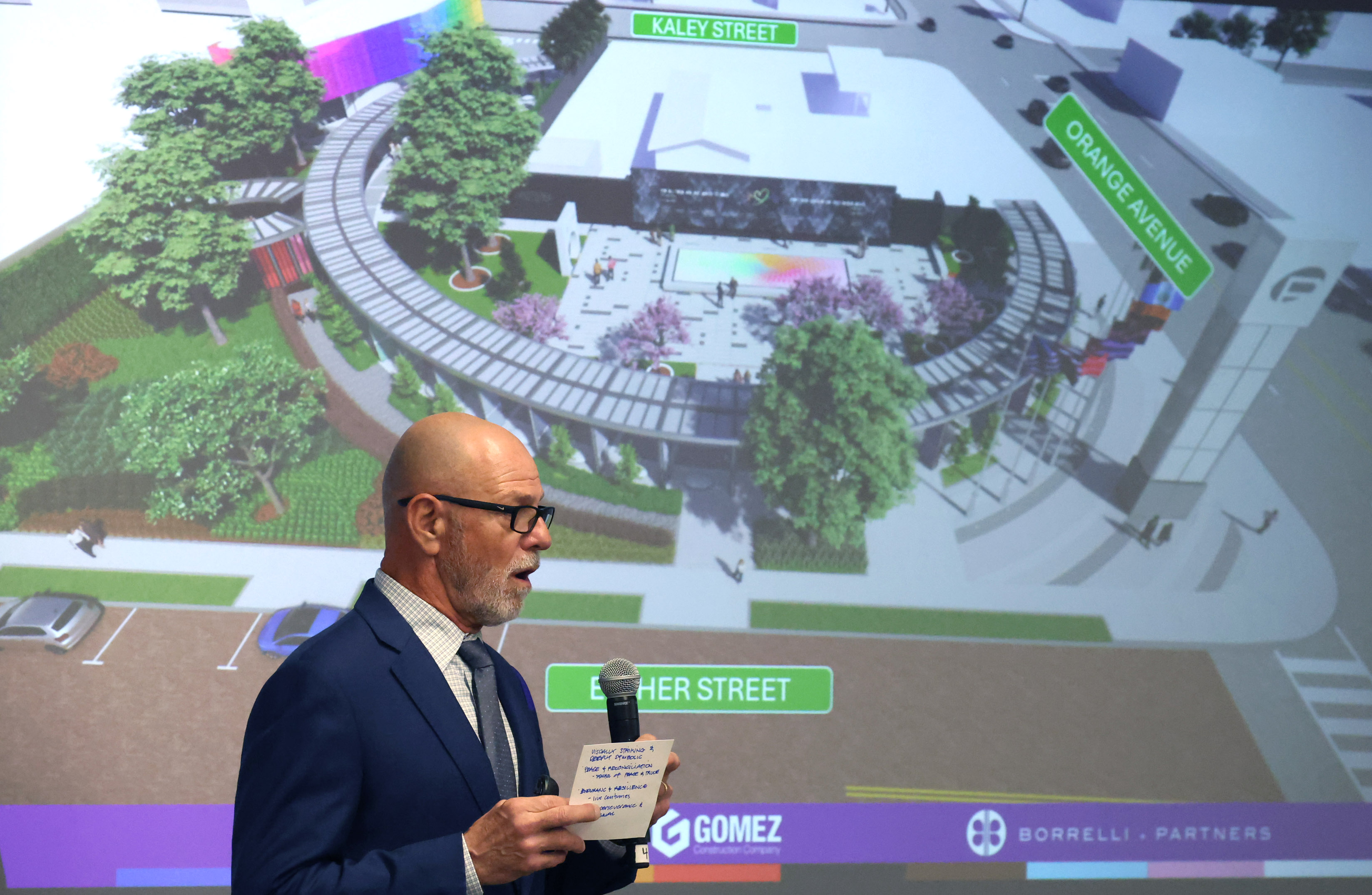 Jorge Borrelli speaks in front of a rendering during a...