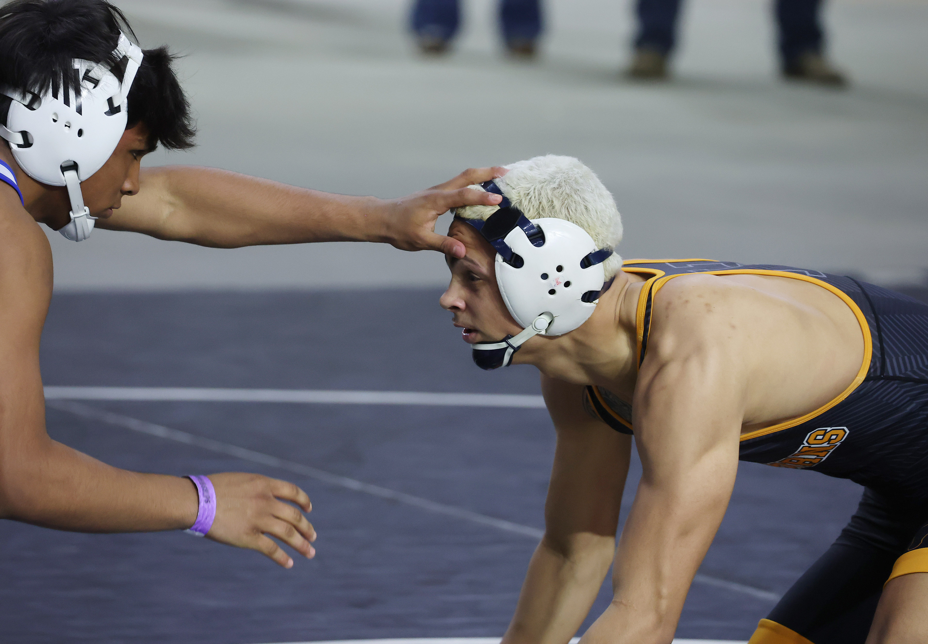 Harmony High's Nathan Barrett, right, wrestles South Dade's Armand Williams...
