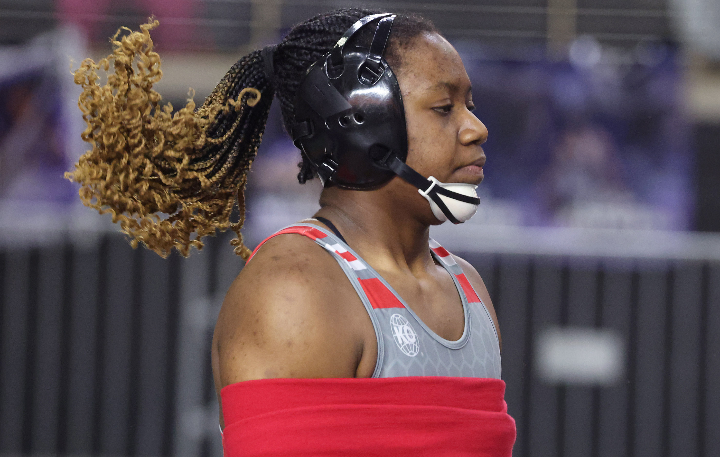 Lake Mary High's Zaria Slater warms up during the FHSAA...