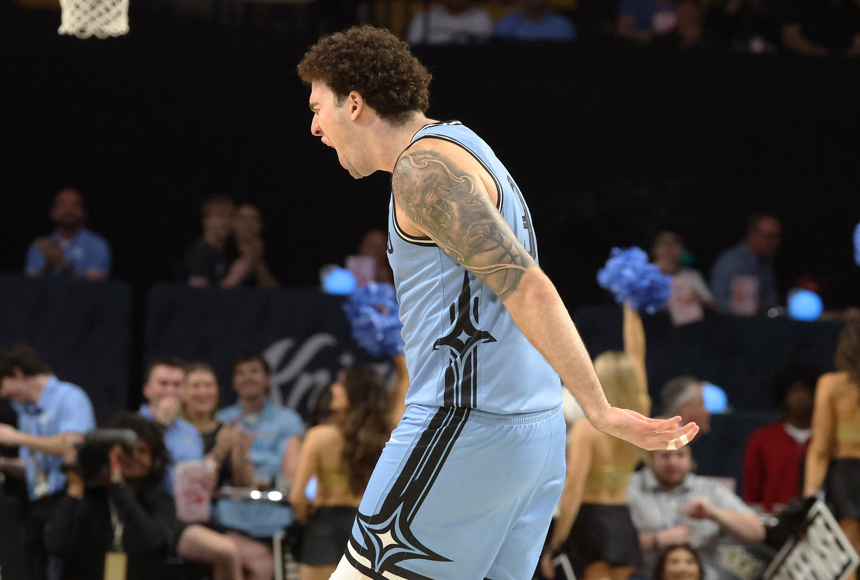 UCF center Elijah Hulsewe screams during the Oklahoma State at...