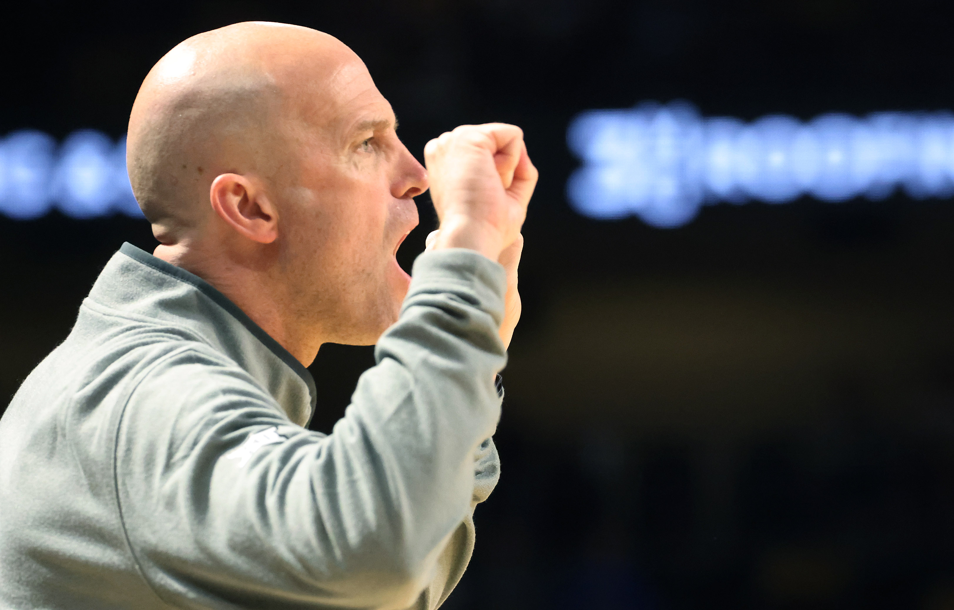 Oklahoma State head coach Steeve Lutz yells during the Oklahoma...