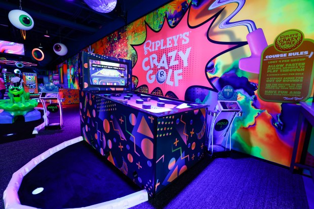 Hole one at Ripley's Crazy Golf sets the unorthodox tone of play with a pinball-style launch to reach the cup. Pictured on Friday, March 13, 2026. (Rich Pope/Orlando Sentinel)