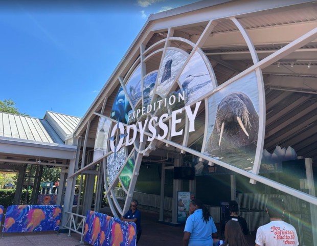 Exterior of Expedition Odyssey, a SeaWorld Orlando flying theater attraction that debuted in 2025. (Dewayne Bevil/Orlando Sentinel)