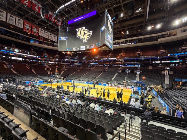 UCF's men's basketball team takes the court at Xfinity Mobile Arena in Philadelphia, Pa., on Thursday for a practice session before the Knights' first-round game against UCLA on Friday. (Orlando Sentinel/Matt Murschel)