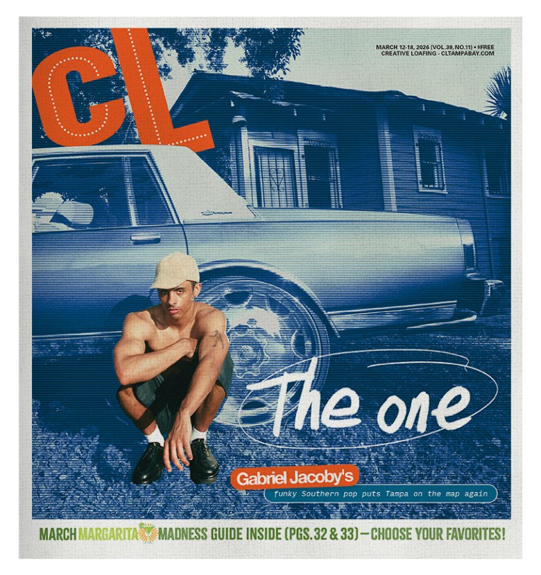 Creative Loafing Tampa Bay magazine cover for March 12, 2026, featuring musician Gabriel Jacoby. The person crouches in a white beanie and no shirt in front of a vintage car with large chrome rims and a blue house. Text reads 'The One: Gabriel Jacoby’s funky Southern pop' and 'March Margarita Madness Guide Inside.'