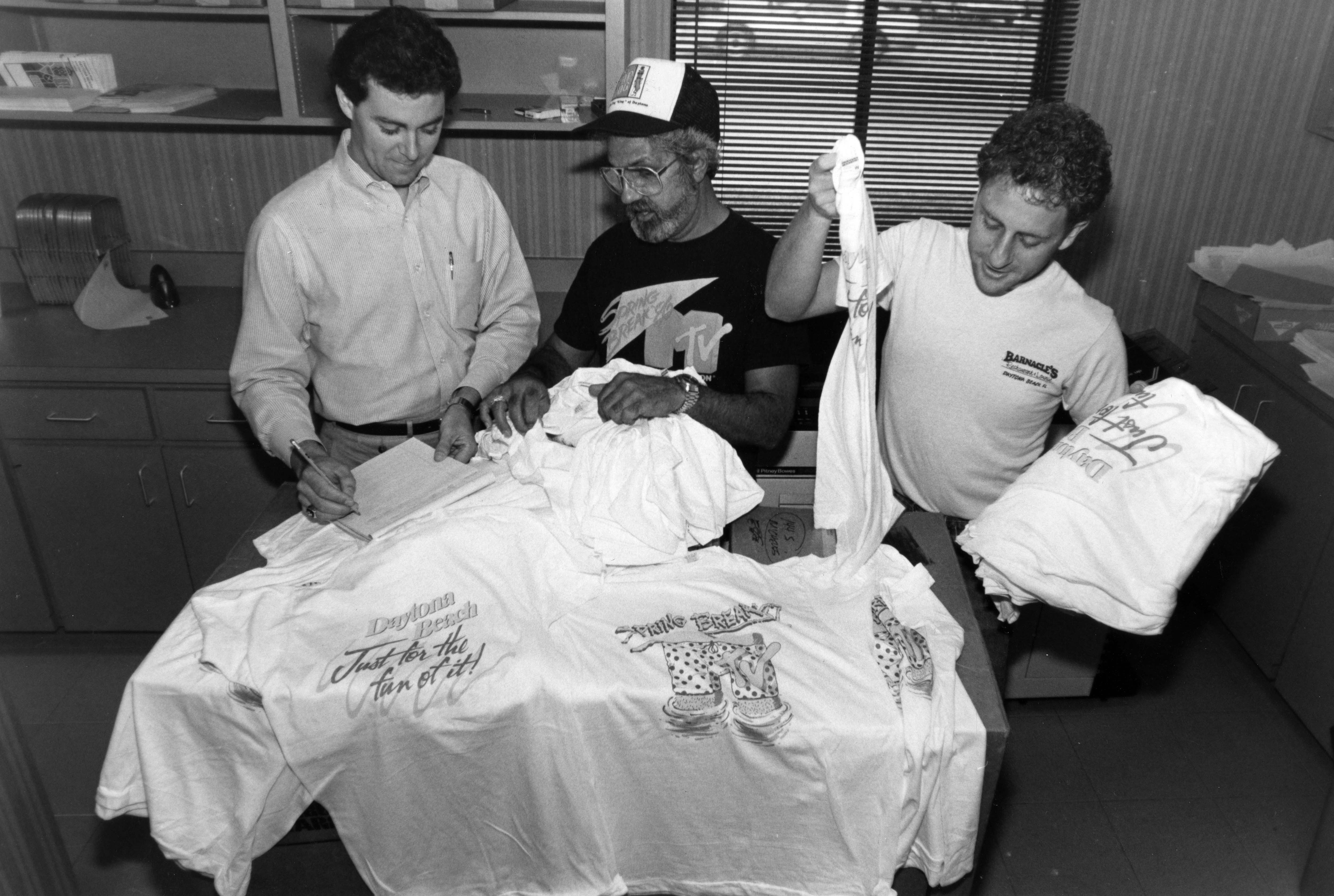 Checking T-shirts for 1987 Spring Break, Dwight Selby, Chamber of...