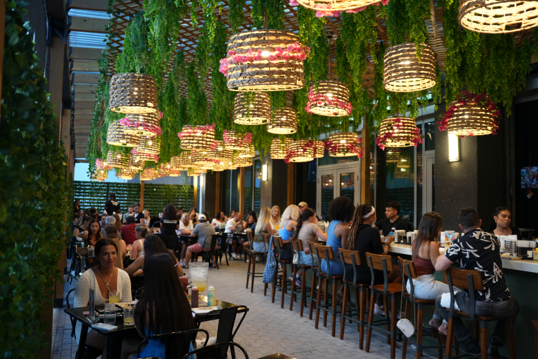 Nueva Cantina's outdoor patio filled with people dining and drinking under a ceiling of lush hanging plants and woven basket lights.