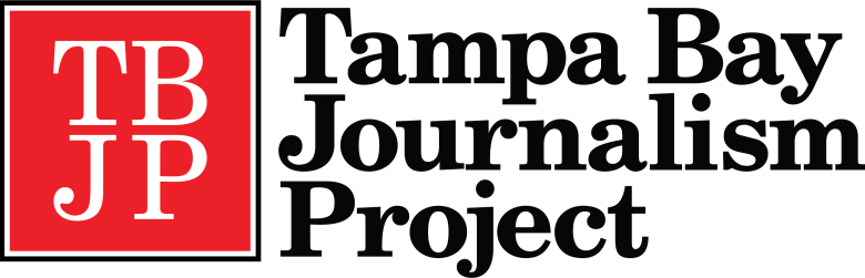 The logo for the Tampa Bay Journalism Project set against a black background. On the left, a solid red square contains the white serif letters 'TB' stacked over 'JP'. To the right, the words 'Tampa Bay Journalism Project' are written in a bold, white serif typeface, with the text spanning three lines.