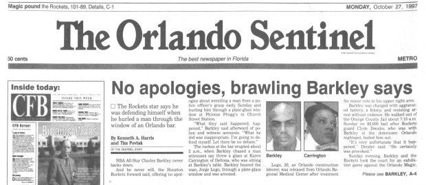 The Orlando Sentinel front page with coverage of Charles Barkley's bar incident in 1997. (Orlando Sentinel file)