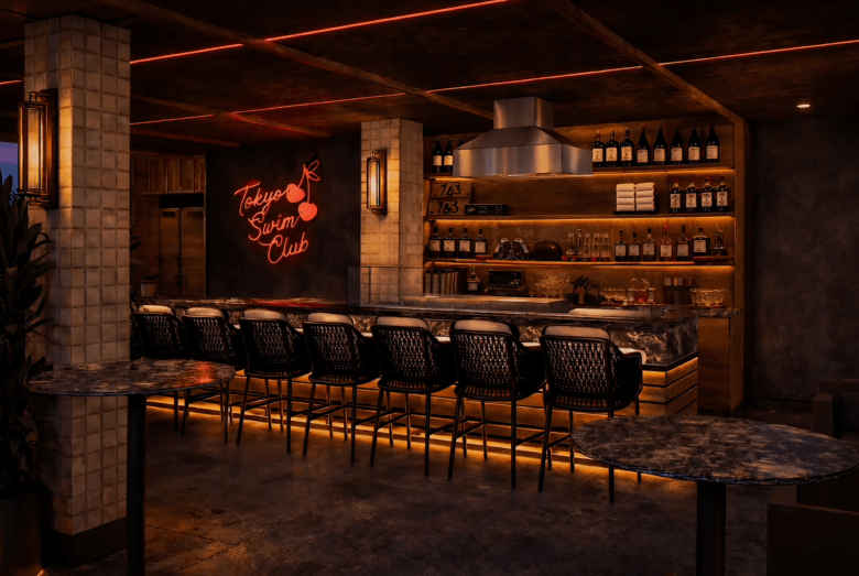 An interior rendering of Tokyo Swim Club showing a marble-topped bar with black woven stools, warm under-counter lighting, and a prominent red neon sign of the club's logo with a cherry.