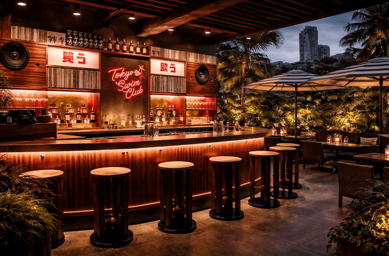 Architectural rendering of the Tokyo Swim Club outdoor patio and bar. The scene features a curved wooden bar with warm under-counter lighting, matching circular stools, and a red neon sign of the cherry logo. Potted palm trees and striped umbrellas fill the lounge space against a background city skyline at dusk.