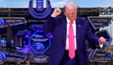 photo collage showing a photo of Donald Trump dancing overlayed over a photo of the main stage at Ultra Music Festival