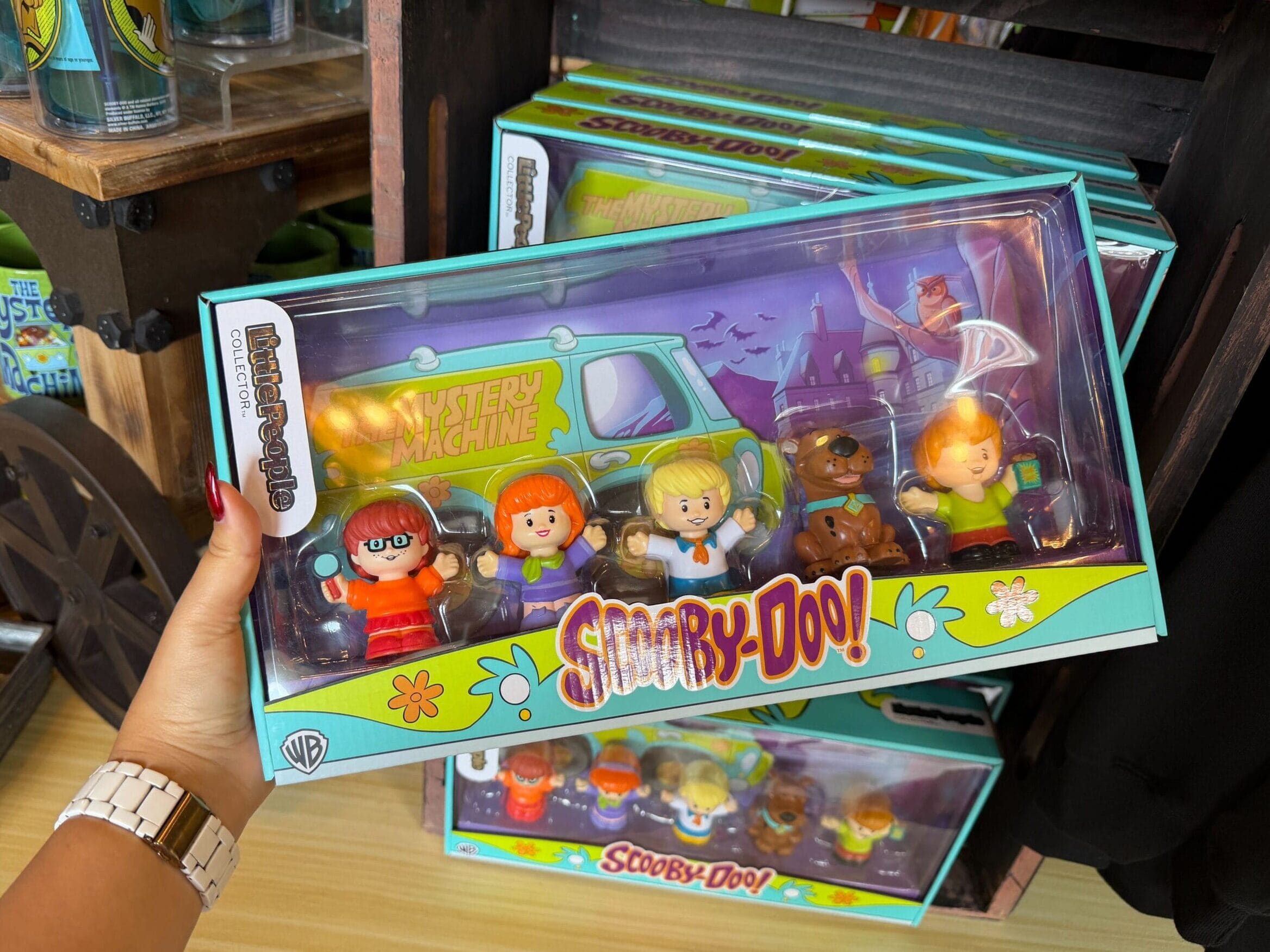 The collector's set contains all five members of the gang: Velma, Daphne, Fred, Scooby, and Fred. The packaging features the Mystery Machine and a haunted house behind the gang. Each figure is about 2.5 inches tall.