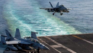 This image provided by U.S. Central Command shows a F/A-18E Super Hornet preparing to make an arrested landing on the USS Abraham Lincoln (CVN 72) after a mission in support of Operation Epic Fury, on Saturday, Feb. 28, 2026. (U.S. Navy via AP)