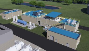 Rendering of Tampa Bay Water’s Regional Surface Water Treatment Plant expansion showing new treatment structures, piping and storage systems.