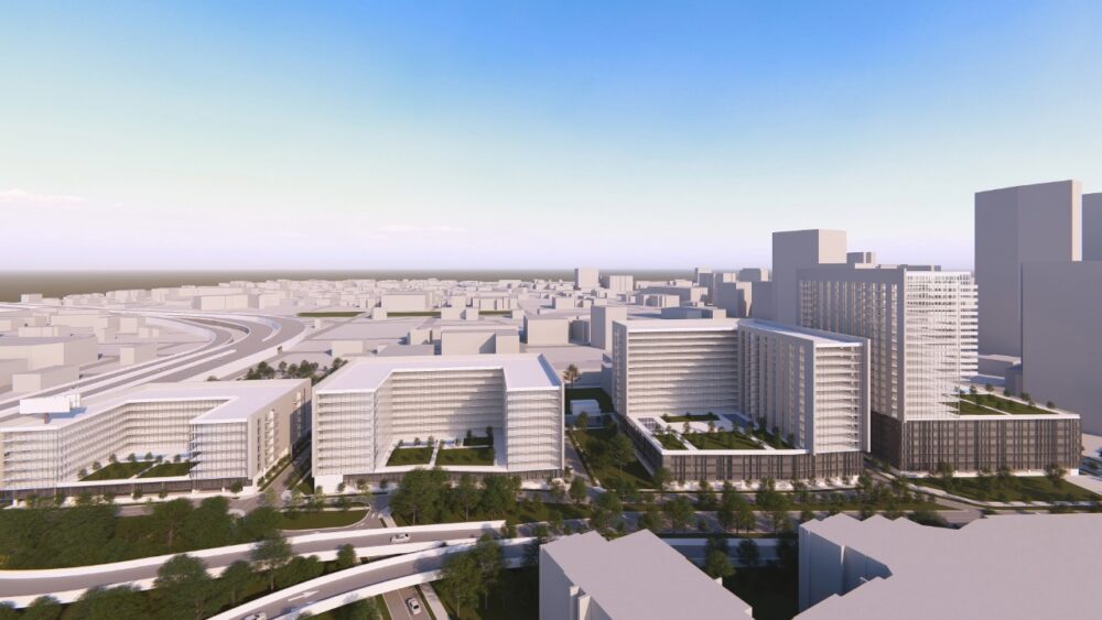 Rendering of proposed North Downtown Tampa redevelopment showing residential buildings and mixed-use development