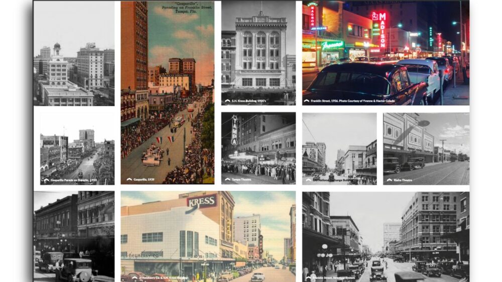 Historic photos of Franklin Street in downtown Tampa showing streetcars, theaters, department stores and Gasparilla parades during the early 20th century.