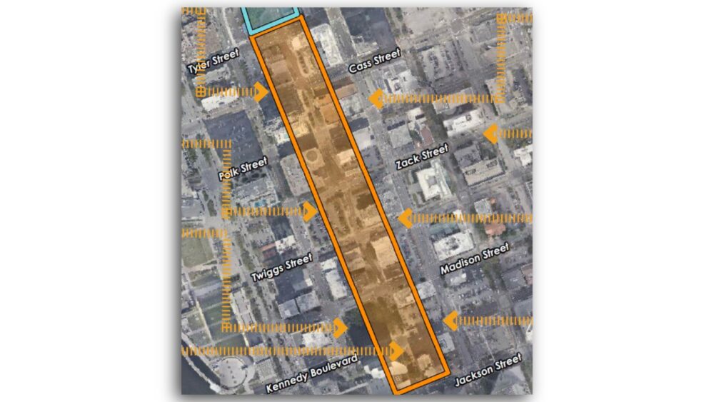 Map highlighting the Franklin Street corridor in downtown Tampa between Jackson Street and Tyler Street, showing surrounding streets and development areas.