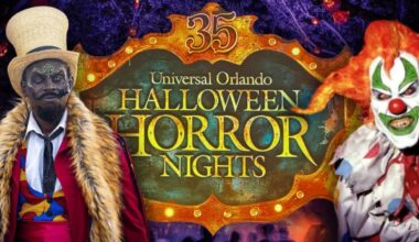 (On the left: Dr. Oddfellow) in the middle is the Halloween Horror Nights 35 logo, which takes places on select nights from August 29 through November 1, 2026. (On the right: Jack the Clown).