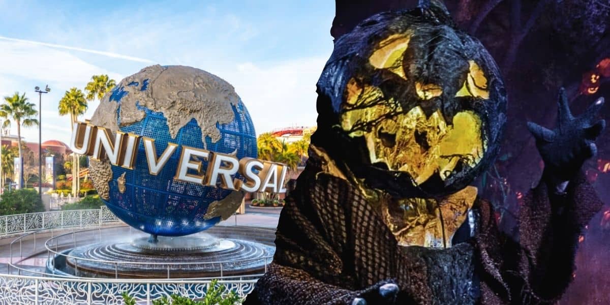 An iconic blue and silver Universal Studios globe on a sunny day, juxtaposed with a hauntingly lit, decorated pumpkin showcasing Halloween Horror Nights festivities.