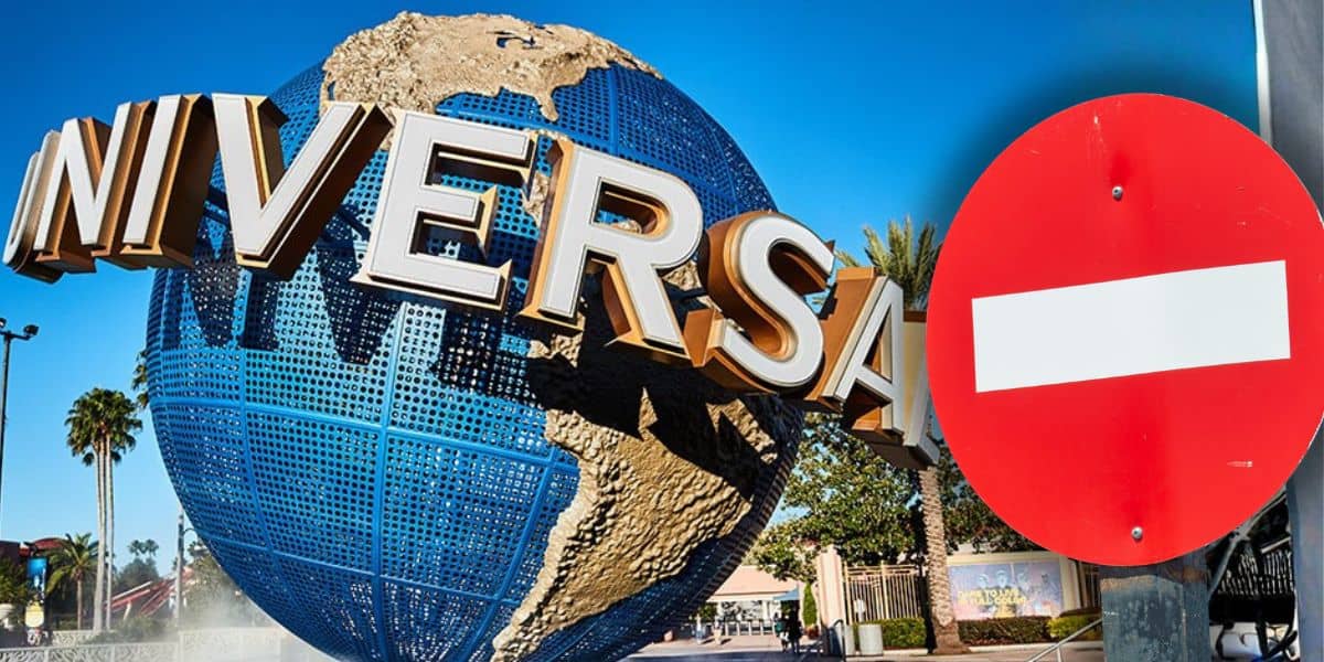 The iconic Universal Studios globe with a bold "no entry" sign blocking the main entrance at Universal Orlando Resort as a new ban policy is now in place. Florida Legislation.