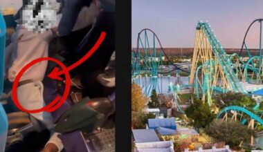 Left: Rider’s seatbelt looks unfastened on a thrill ride; Right: vibrant roller coaster soaring at SeaWorld Orlando Park's Mako roller coaster. Orlando theme park incident.