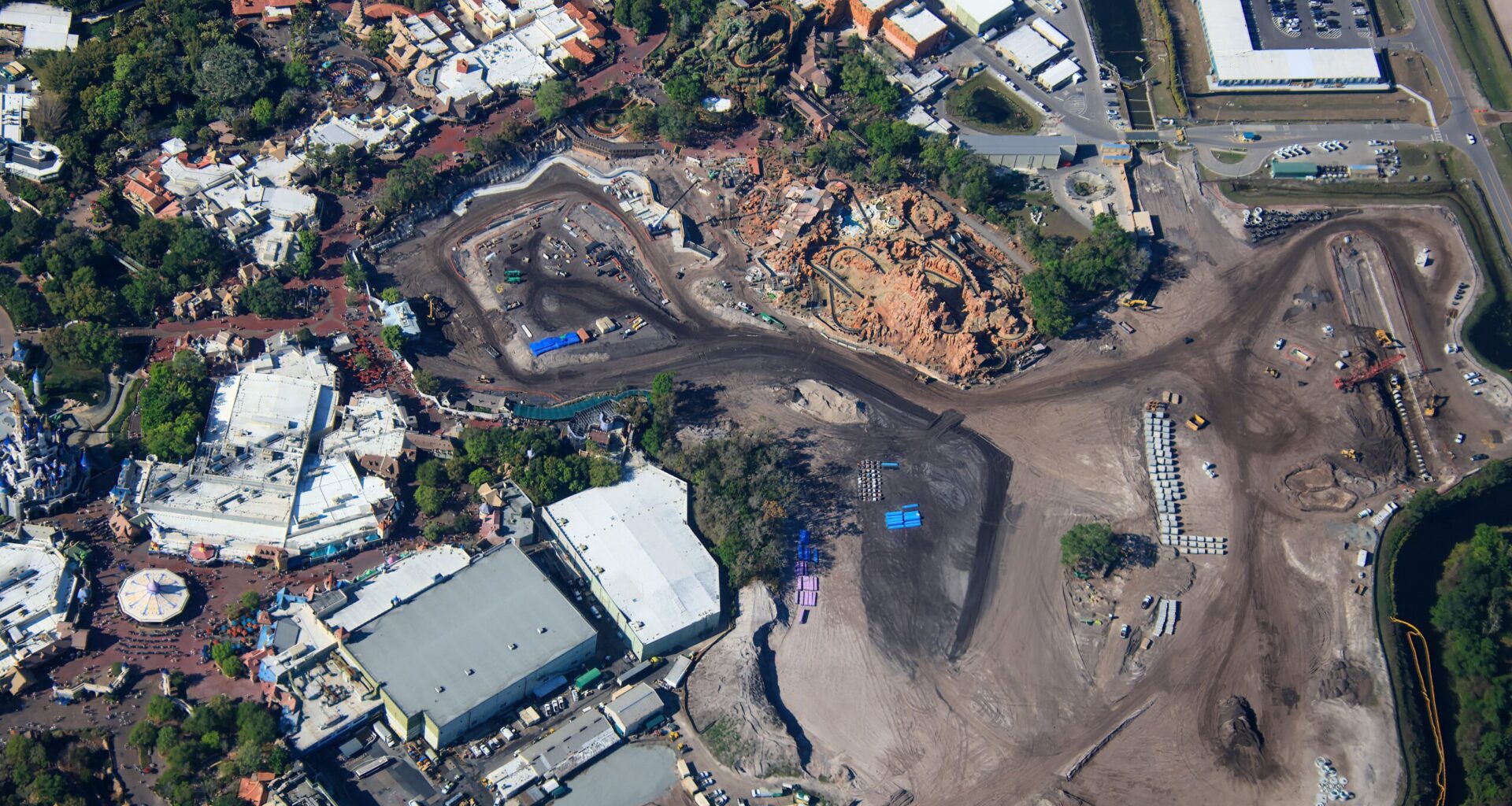 March 2026 aerial photos from bioreconstruct showing progress on Magic Kingdom expansions